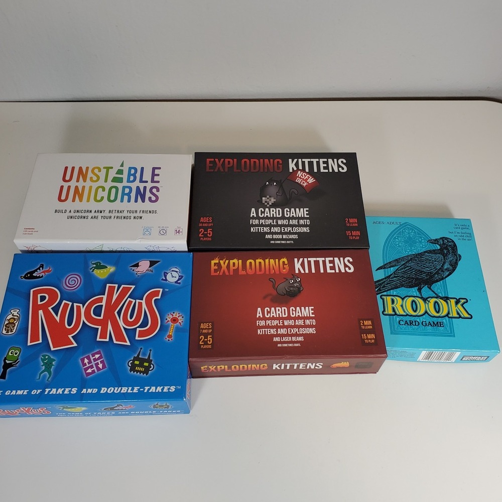 4 Card Game Lot Unstable Unicorns Exploding Kittens Ruckus Rook